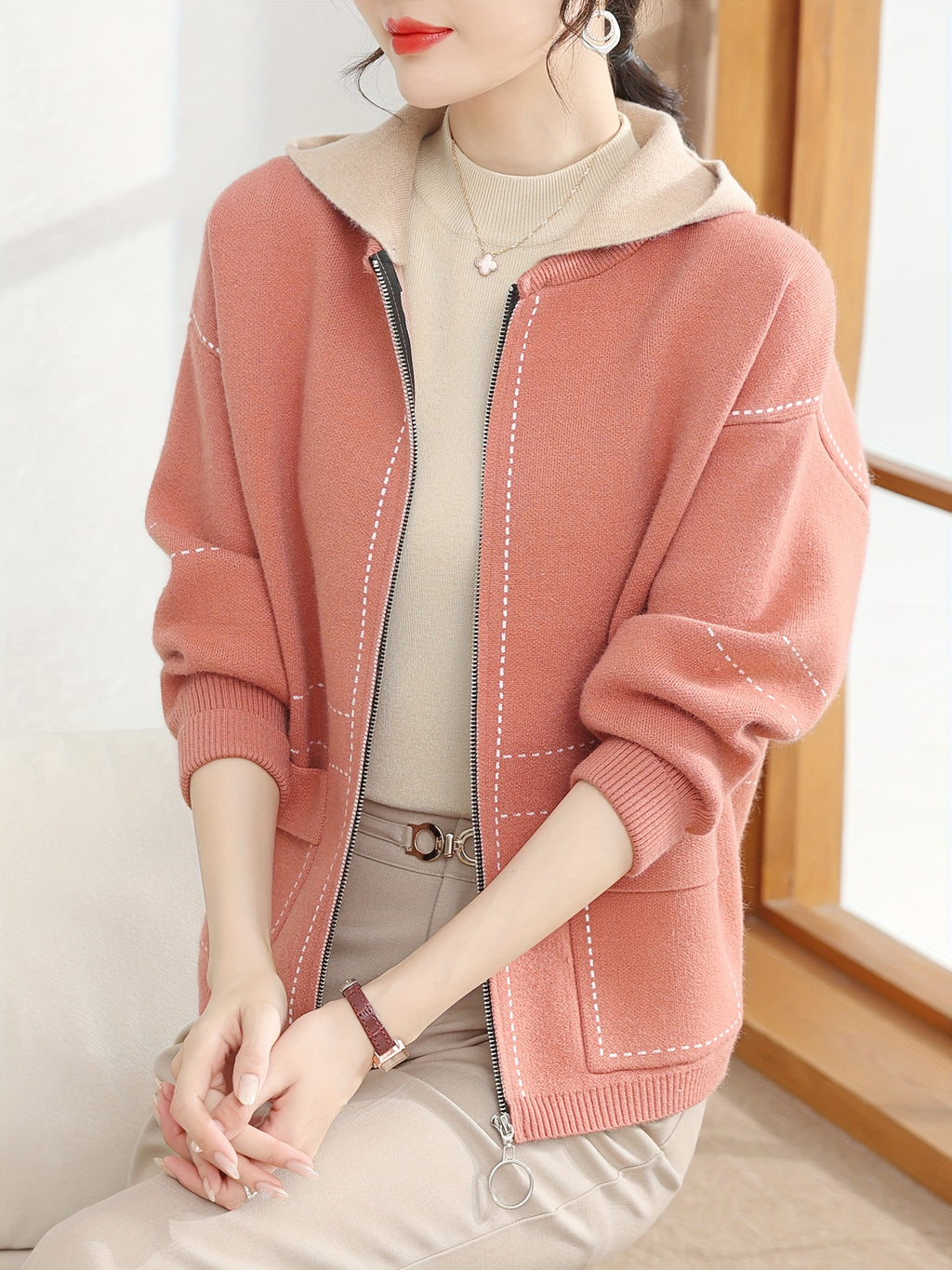 Pink Contrast Hooded Zip-Up Knit Cardigan