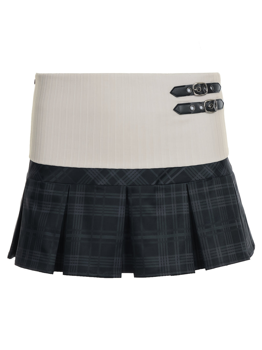 Two-Tone Plaid Pleated Mini Skirt with Buckle Details