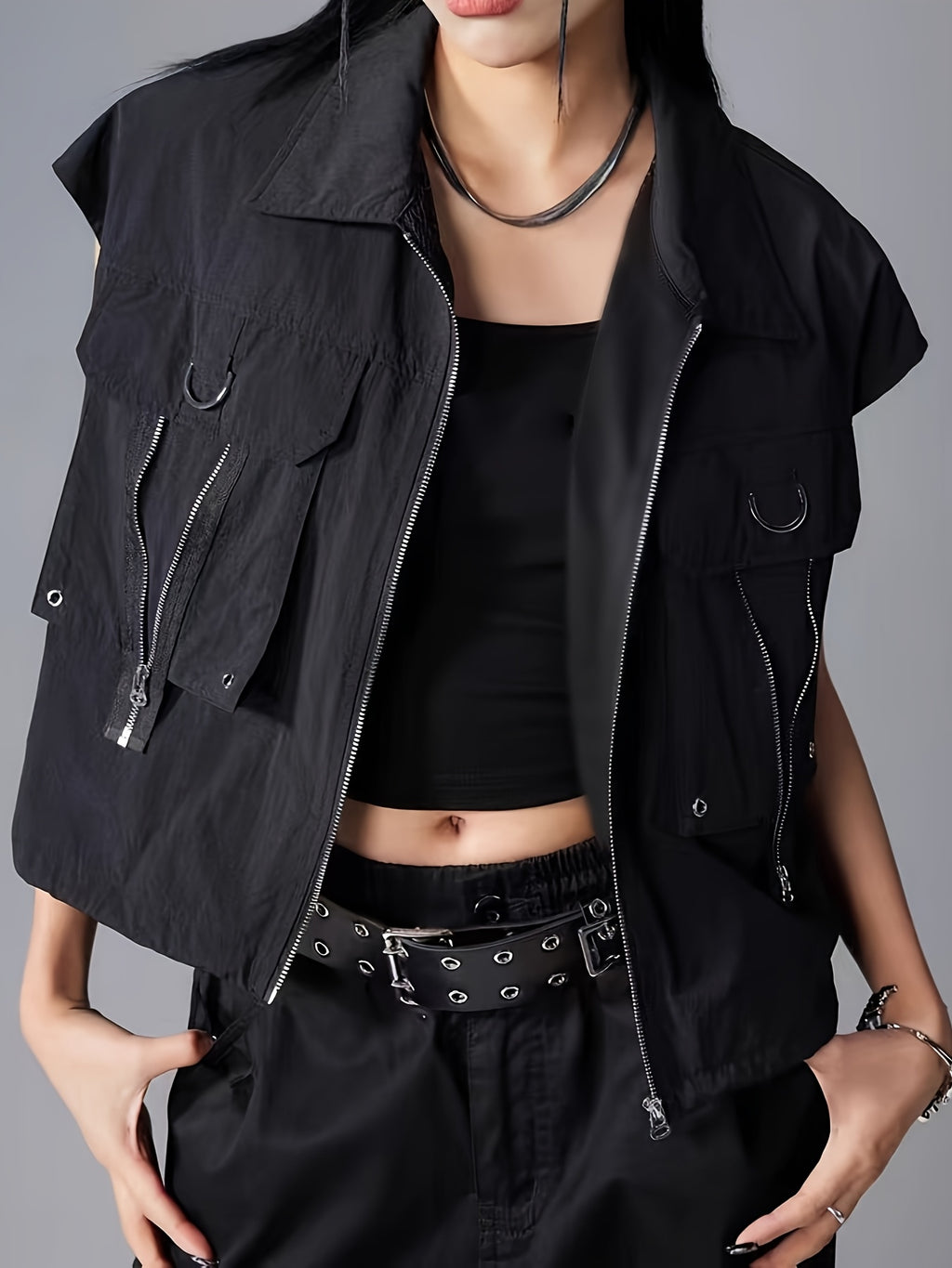 Black Utility Cargo Cropped Vest