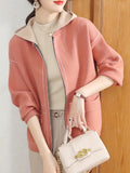 Pink Contrast Hooded Zip-Up Knit Cardigan