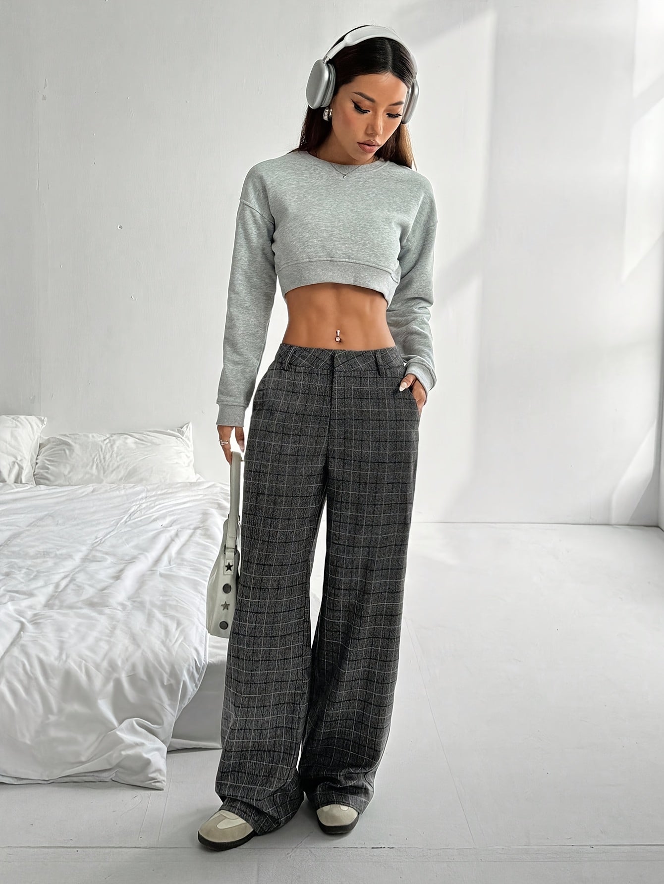 Grey Plaid High-Waisted Wide-Leg Pants