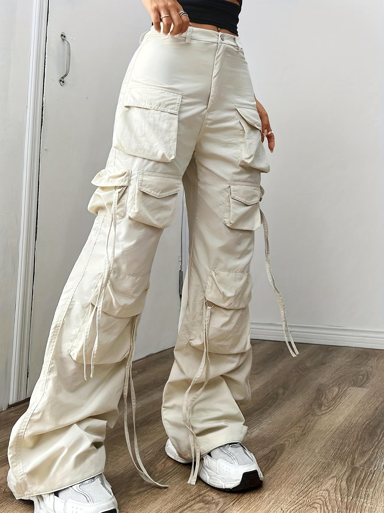 Cream Multi-Pocket Wide-Leg Cargo Pants