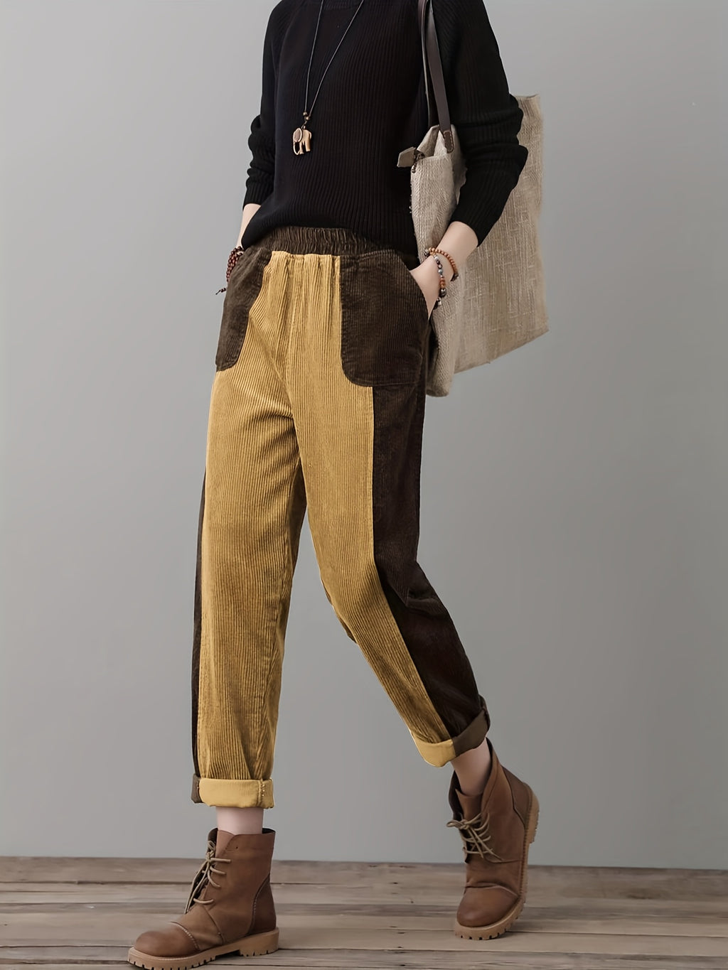 Two-Tone Corduroy Patchwork Pants