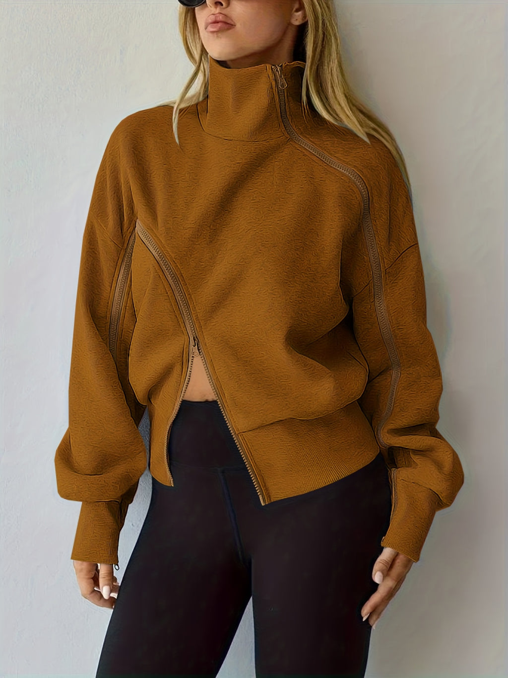 Caramel Asymmetric Zip-Up Fleece Sweatshirt