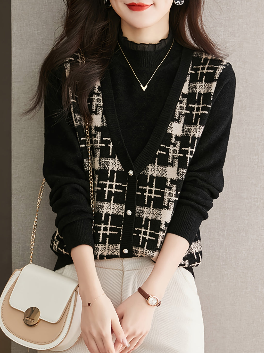 Black & Beige Plaid Faux Two-Piece Knit Top