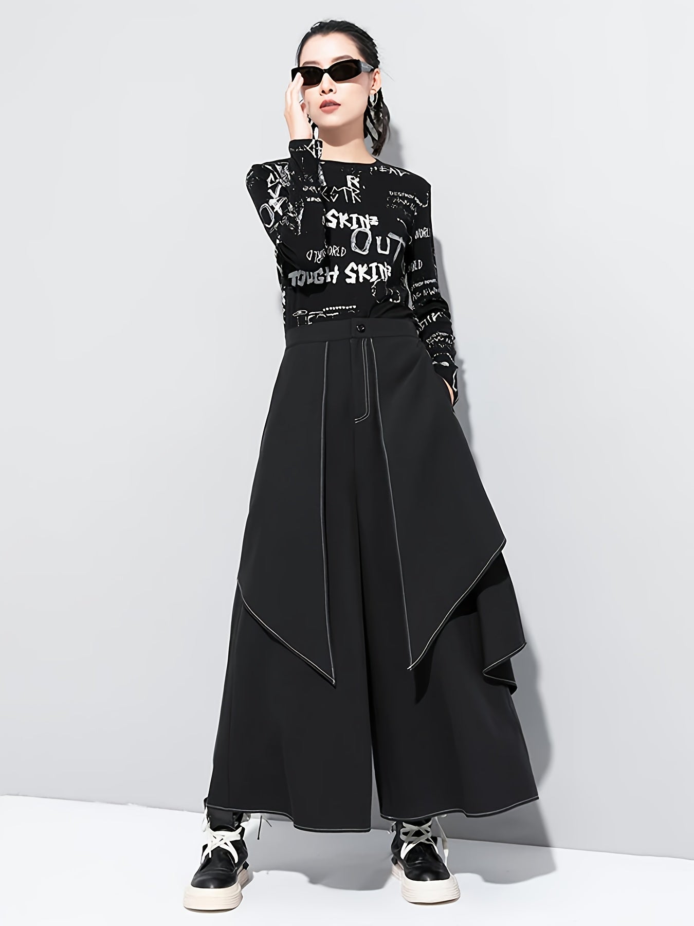 Black Asymmetric Overlay Wide-Leg Pants