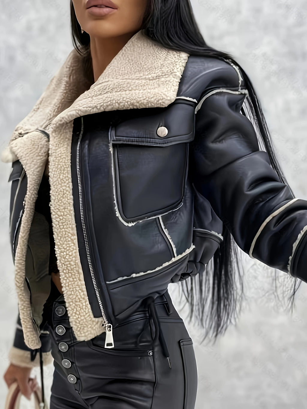 Black Faux Leather Shearling Cropped Moto Jacket