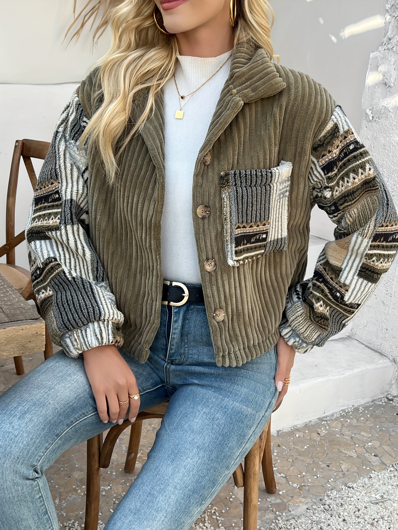 Olive Corduroy Patchwork Jacket with Aztec Sleeves