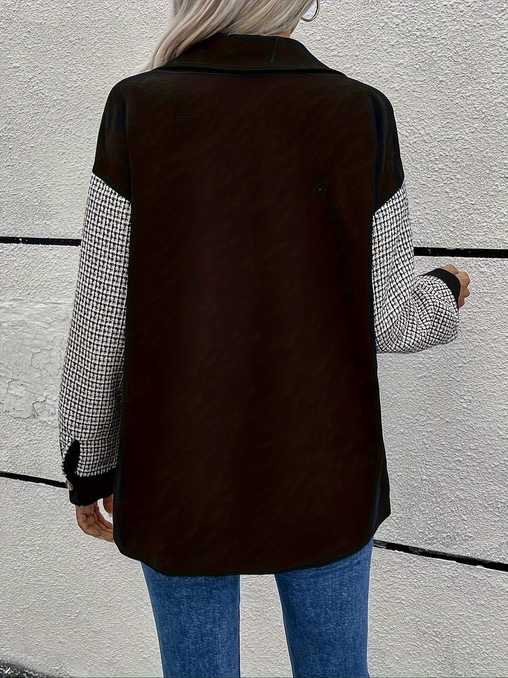 Black Houndstooth Patchwork Button-Down Shirt