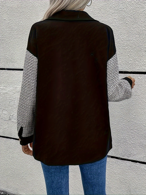 Black Houndstooth Patchwork Button-Down Shirt