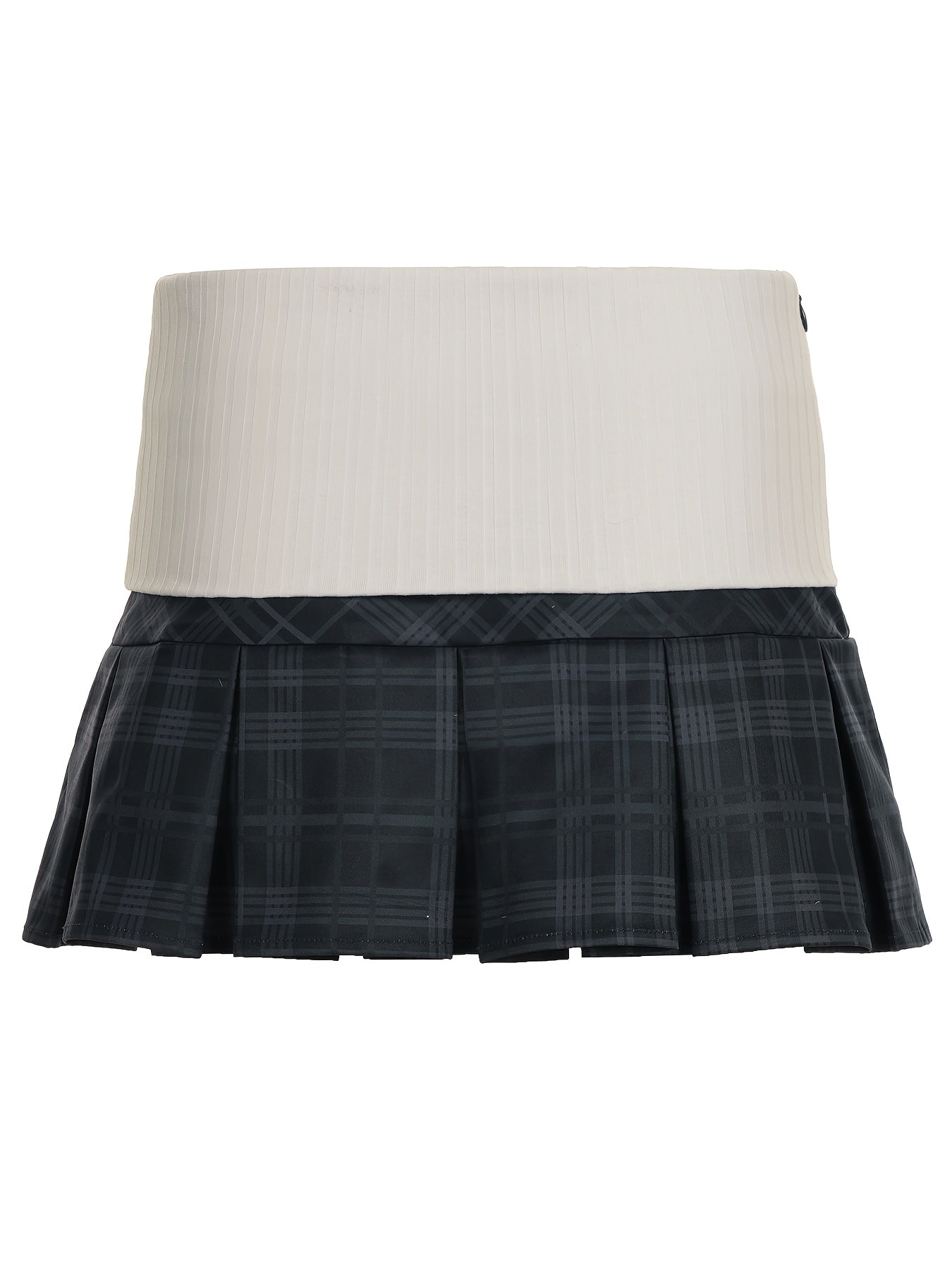 Two-Tone Plaid Pleated Mini Skirt with Buckle Details