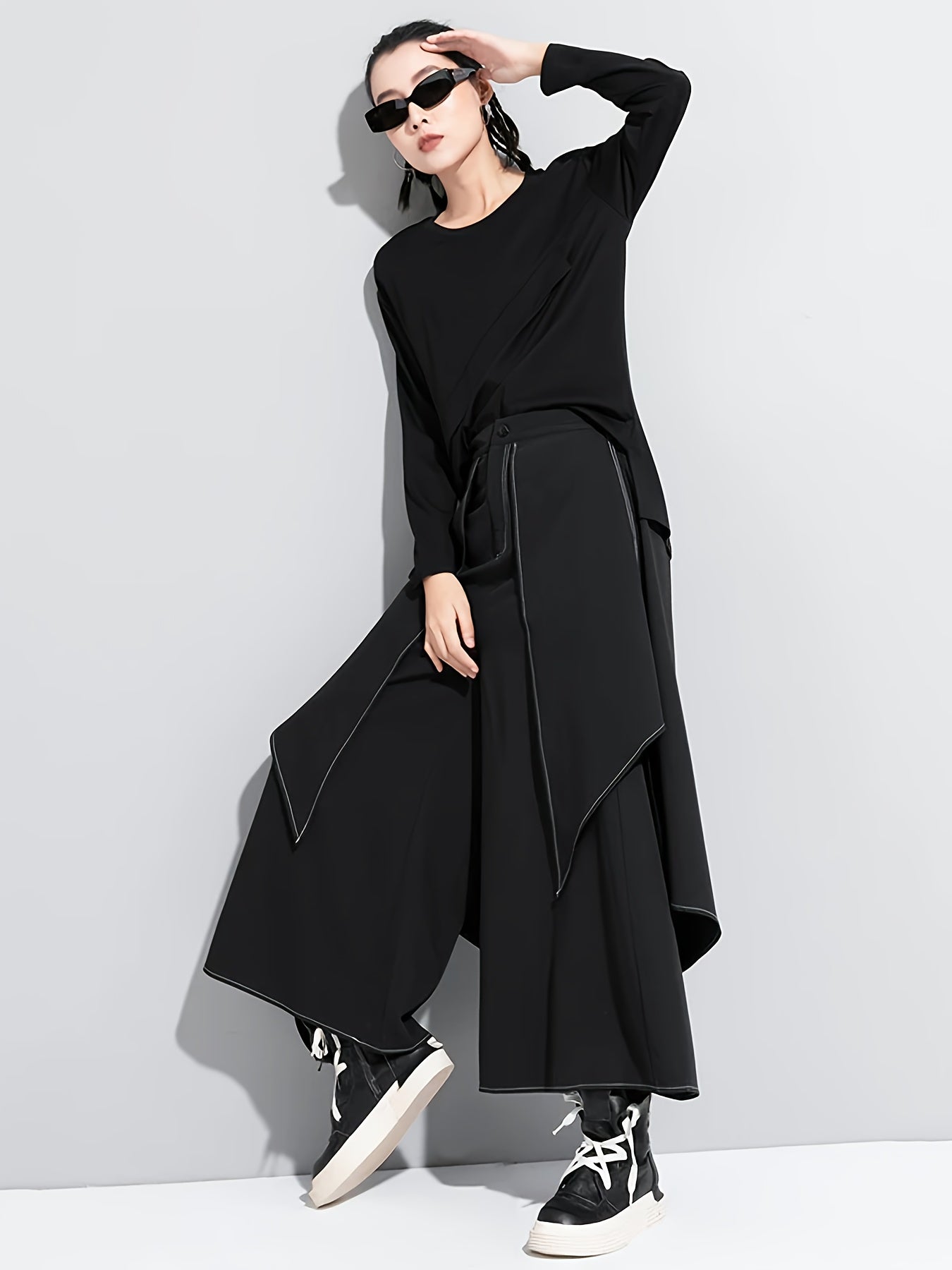 Black Asymmetric Overlay Wide-Leg Pants