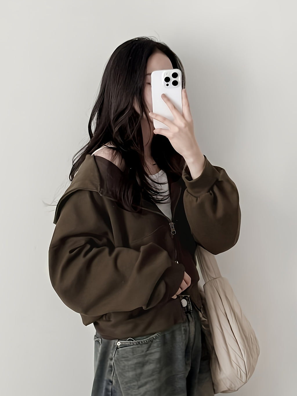 Brown Cropped Double-Zip Hoodie
