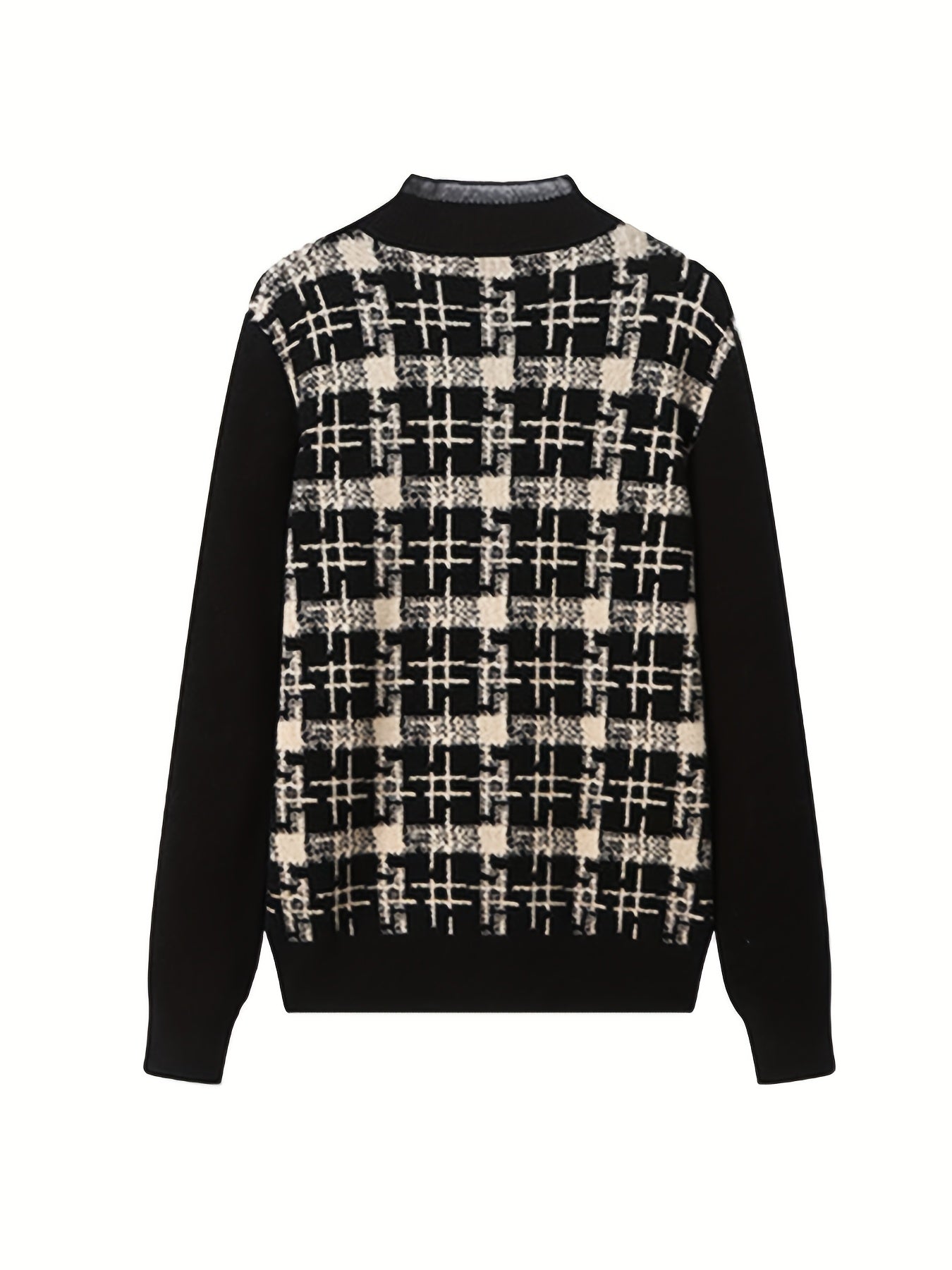 Black & Beige Plaid Faux Two-Piece Knit Top