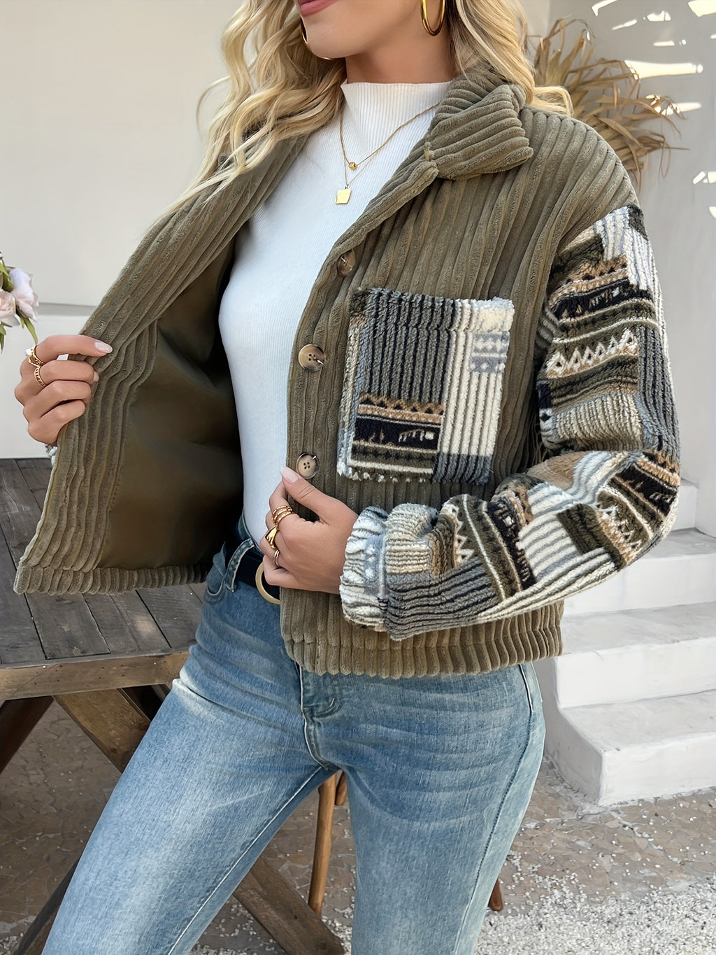 Olive Corduroy Patchwork Jacket with Aztec Sleeves
