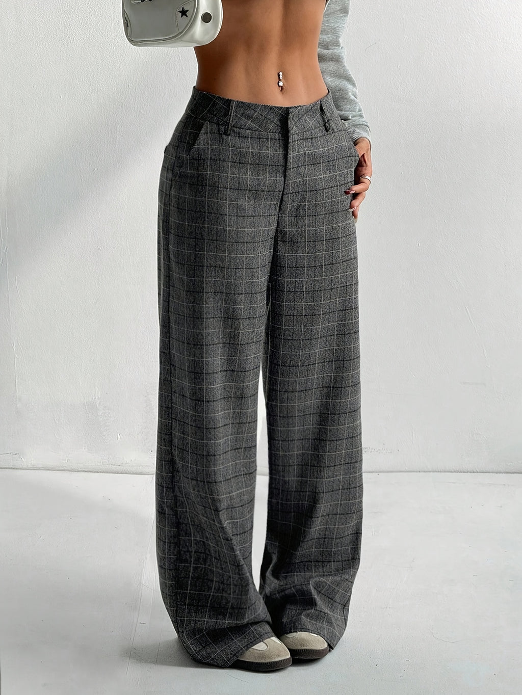 Grey Plaid High-Waisted Wide-Leg Pants