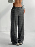 Grey Plaid High-Waisted Wide-Leg Pants