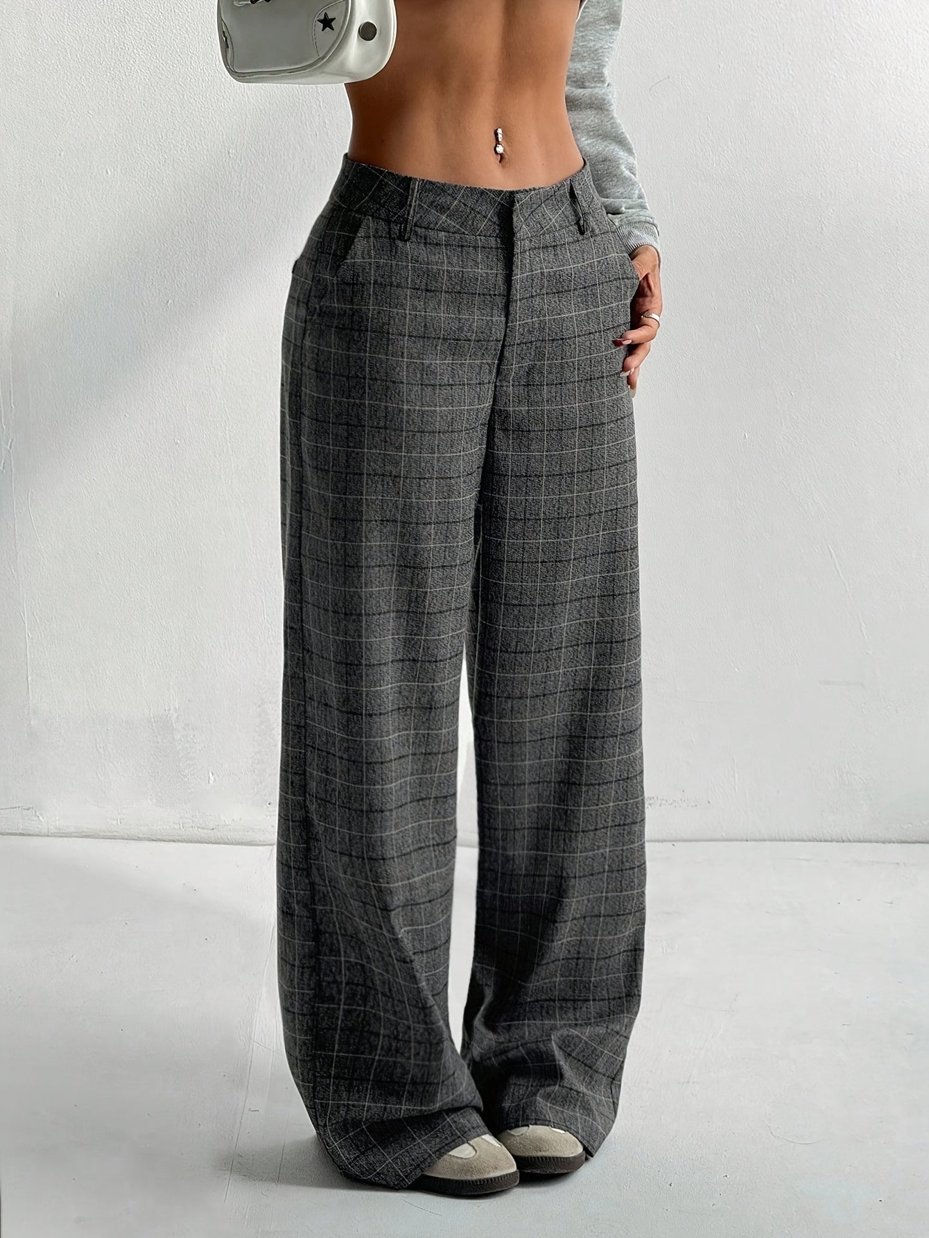 Grey Plaid High-Waisted Wide-Leg Pants