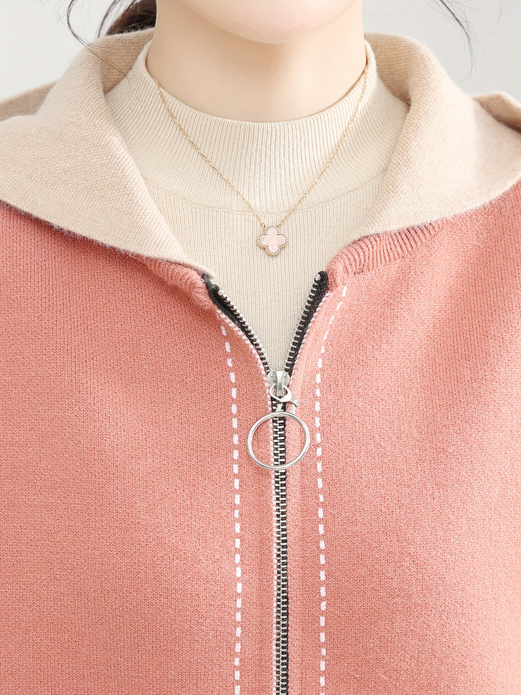Pink Contrast Hooded Zip-Up Knit Cardigan