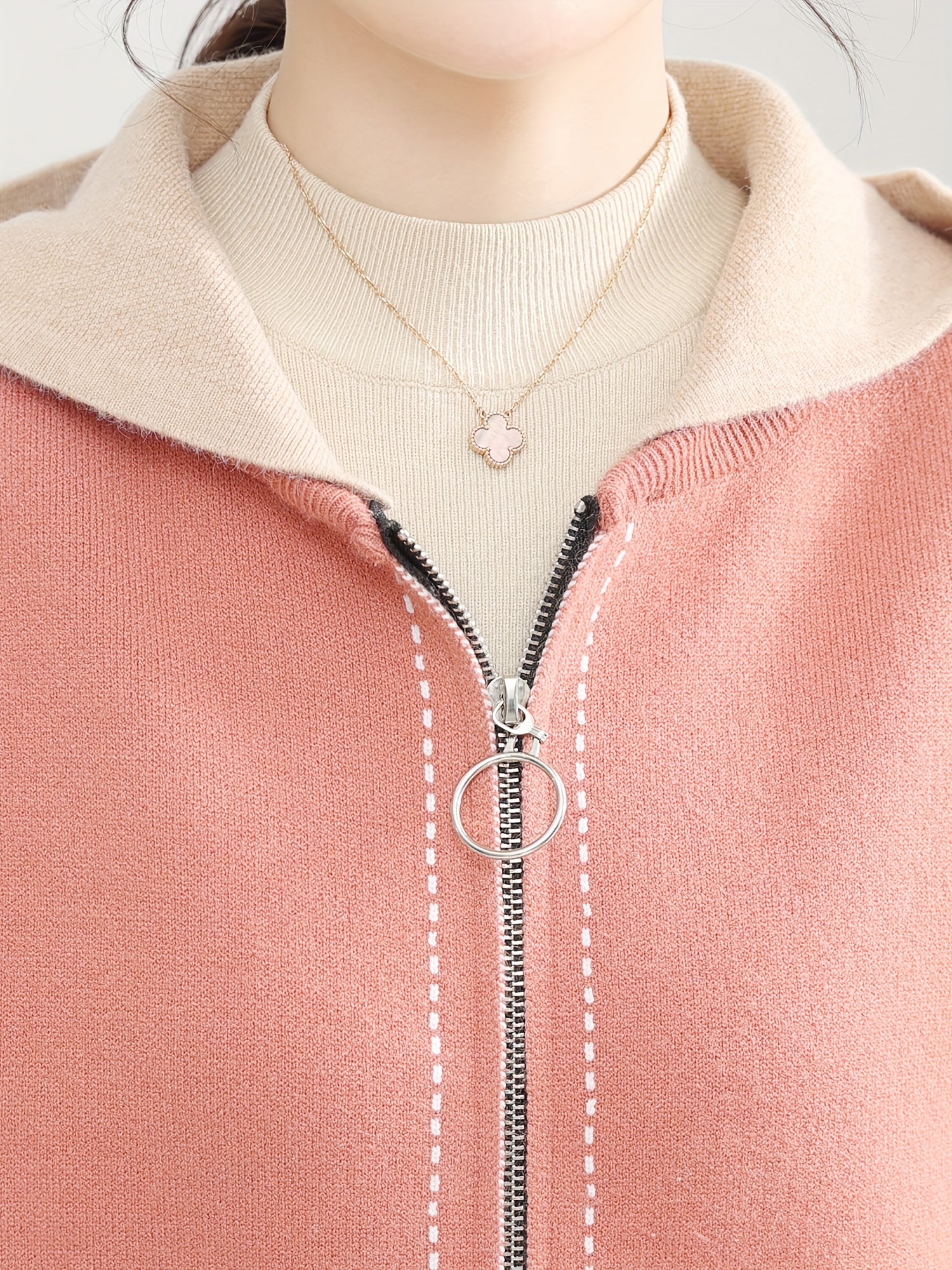 Pink Contrast Hooded Zip-Up Knit Cardigan
