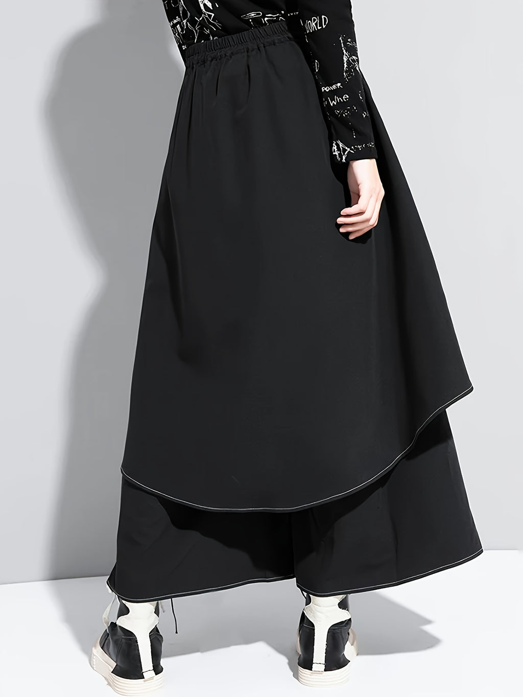 Black Asymmetric Overlay Wide-Leg Pants
