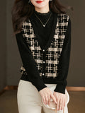 Black & Beige Plaid Faux Two-Piece Knit Top