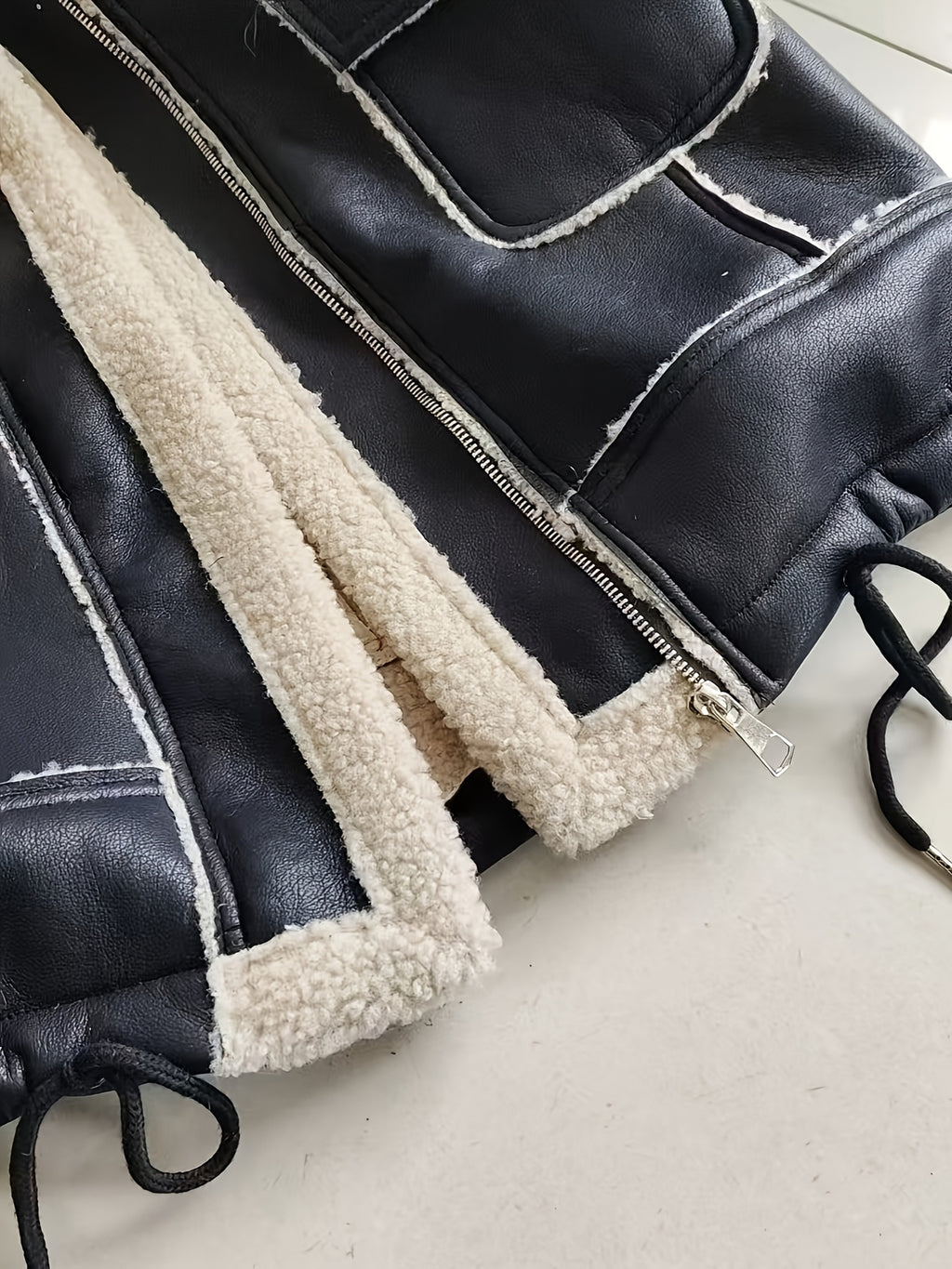 Black Faux Leather Shearling Cropped Moto Jacket