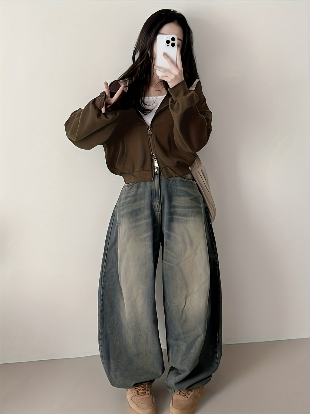Brown Cropped Double-Zip Hoodie