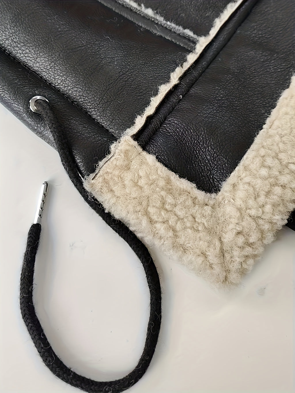 Black Faux Leather Shearling Cropped Moto Jacket